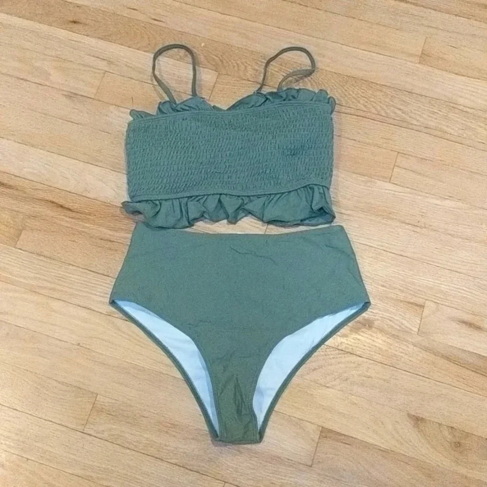 Ruched Shirred Bandeau Olive Green Bikini Medium